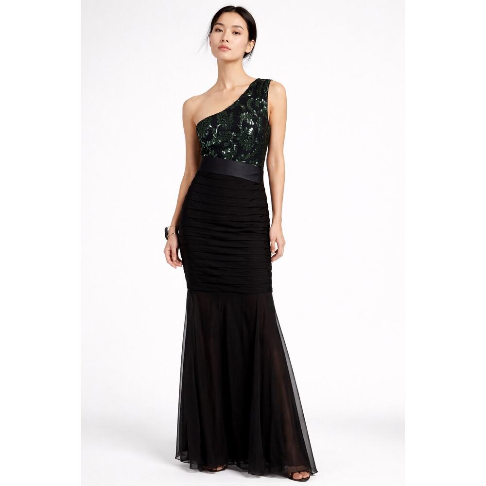 Betsy & Adam One Shoulder Sequin Lace Mermaid Gown Green Formal Dress 10